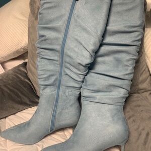 Light blue suede scrunch kitten heel boots